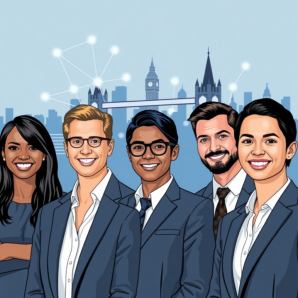 A feature image for a press release about a new, innovative staffing agency in London. The image should depict a diverse group of smiling, sharp-dressed business professionals. In the background, a stylized, slightly futuristic London skyline with glowing abstract lines connecting different points, symbolizing networking and recruitment connections. The overall aesthetic should be clean, modern, and professional, with a blue and grey color palette.