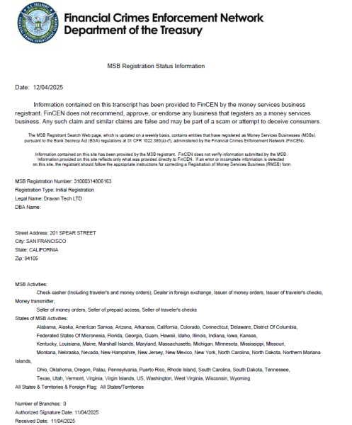 Dravan Exchange Secures U.S. FinCEN MSB License, Advancing Its Global Compliance Strategy